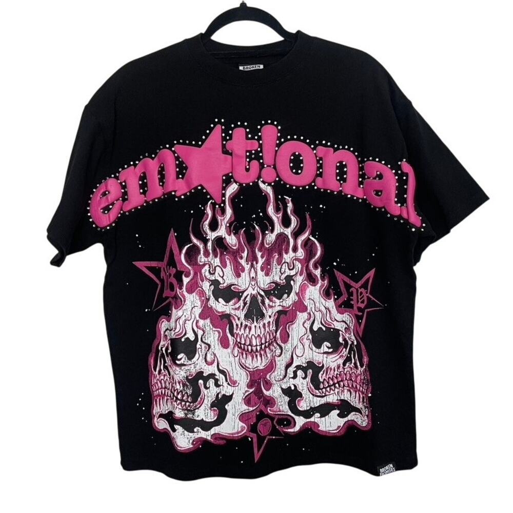 Broken Promises Emotional Black T-Shirt Puff Print Pink Text Rhinestones Sz S